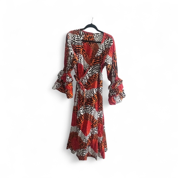 Ruffled sleeve Red-Orange Tribal Print Wrap Dress - Picture 1 of 2